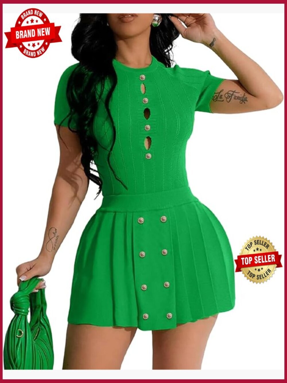 2 Piece Outfit Crop Top Pleated Mini Skirt Set Knit Club Wear